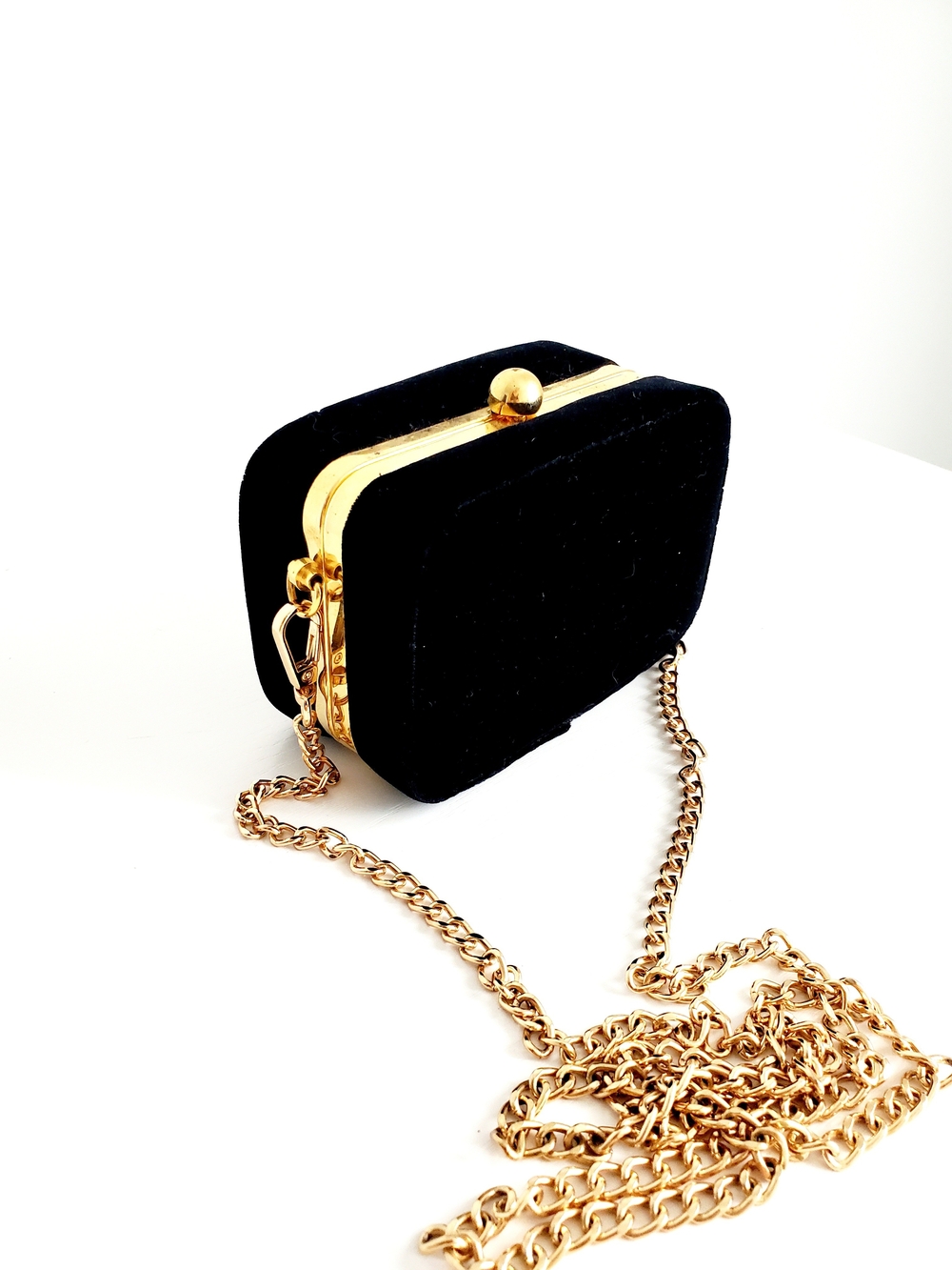 Black Velvet Mini Box Bag with Gold Chain